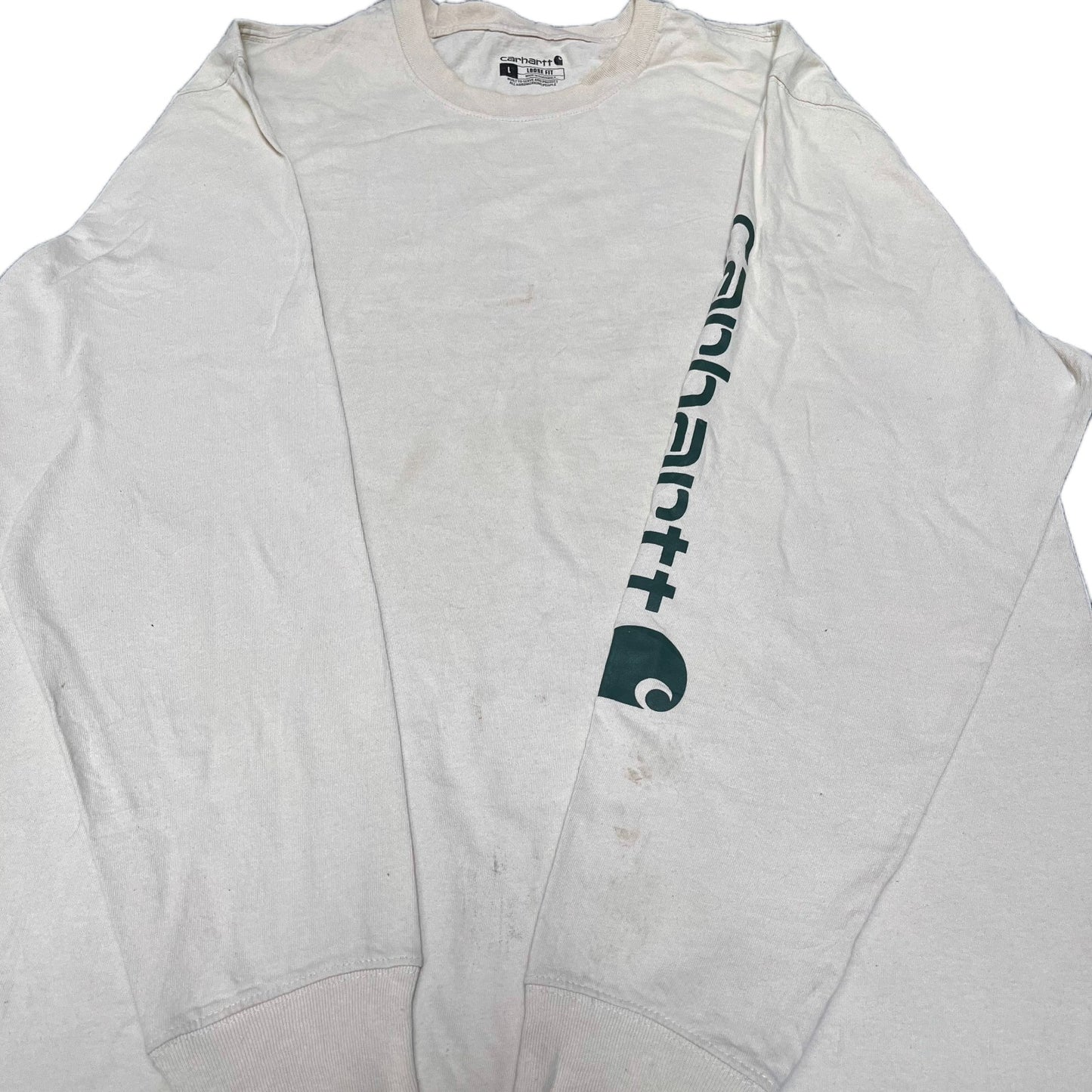 Carhartt T-Shirt Mens Large Cream Loose Fit Long Sleeve Workwear Pullover Tee