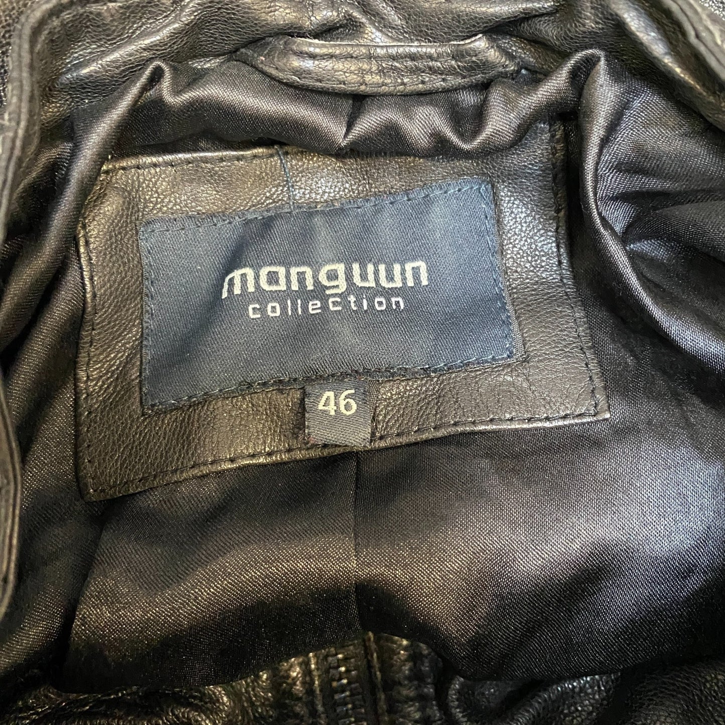 Manguun Collection Genuine Leather Biker Jacket Mens L Black Long Sleeve Zip-Up