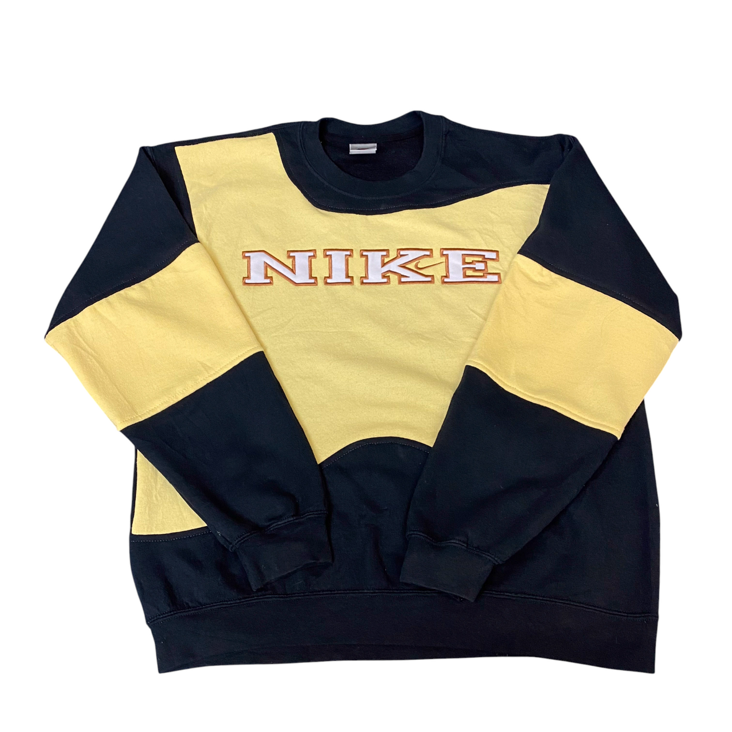 Nike Reworked Sweatshirt Mens M Yellow Black Embroidered Spellout Logo Vtg Y2K