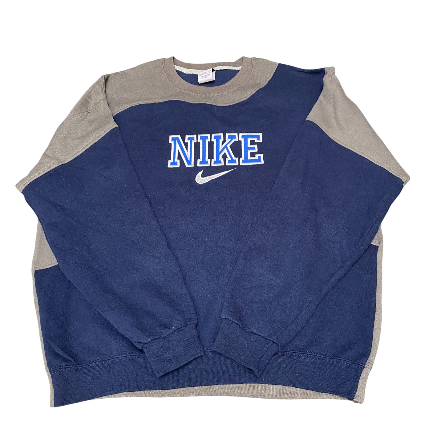 Nike Reworked Sweatshirt Mens XL Navy Grey Embroidered Spellout Logo Vintage Y2K