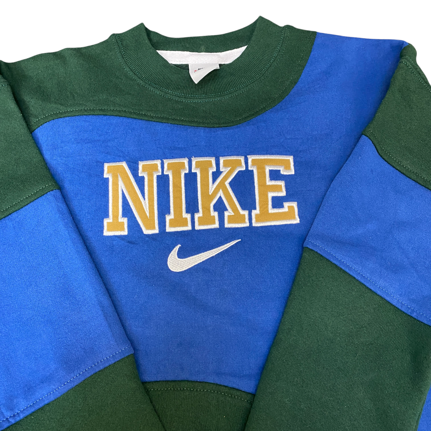 Nike Reworked Sweatshirt Mens Small Green Blue Embroidered Spellout Logo Vtg Y2K
