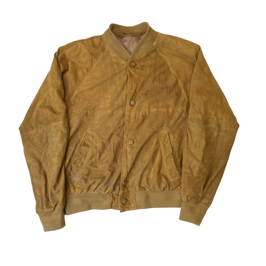 Bomber Jacket Mens Medium Brown Suede Leather Pockets Long Sleeve Button Front