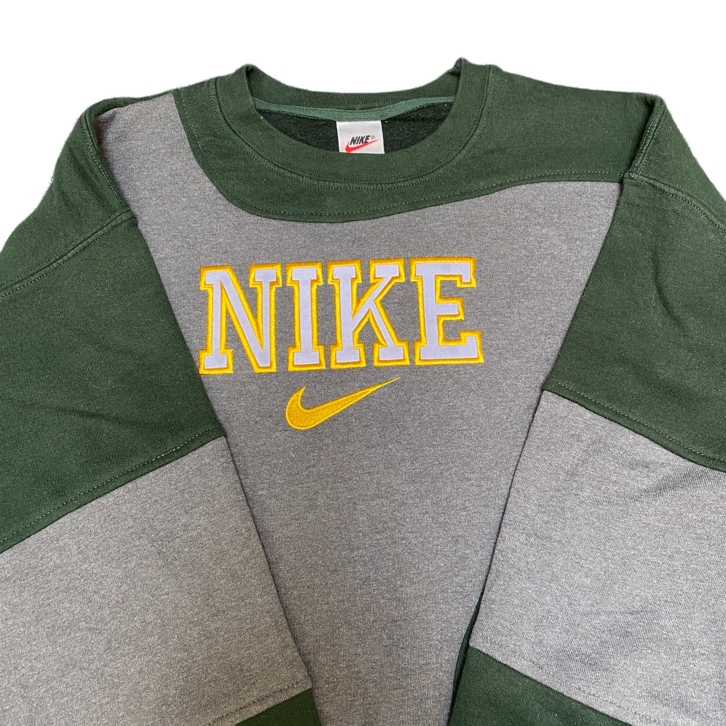Nike Reworked Sweatshirt Mens Large Green Grey Embroidered Spellout Logo Vtg Y2K