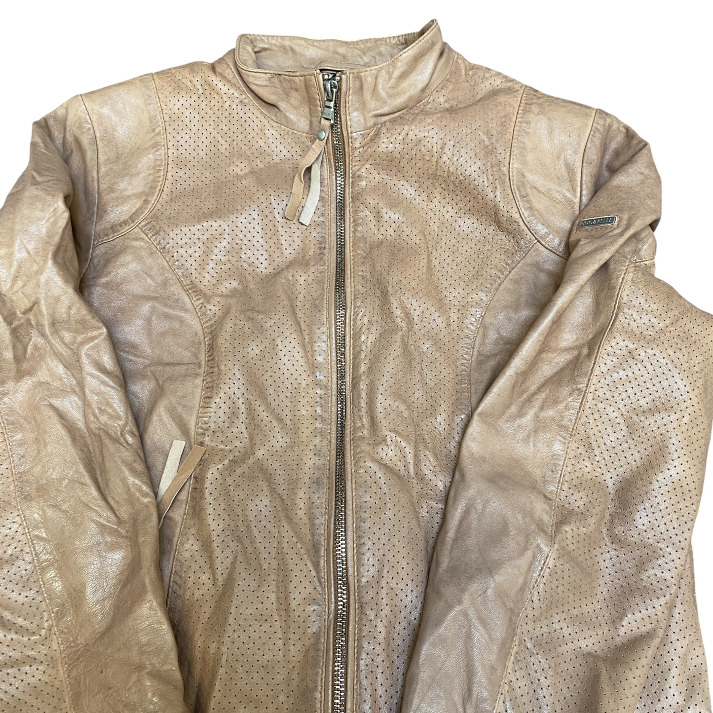 Rino & Pelle Genuine Leather Biker Jacket Womens S Tan Lined Long Sleeve Zip Up