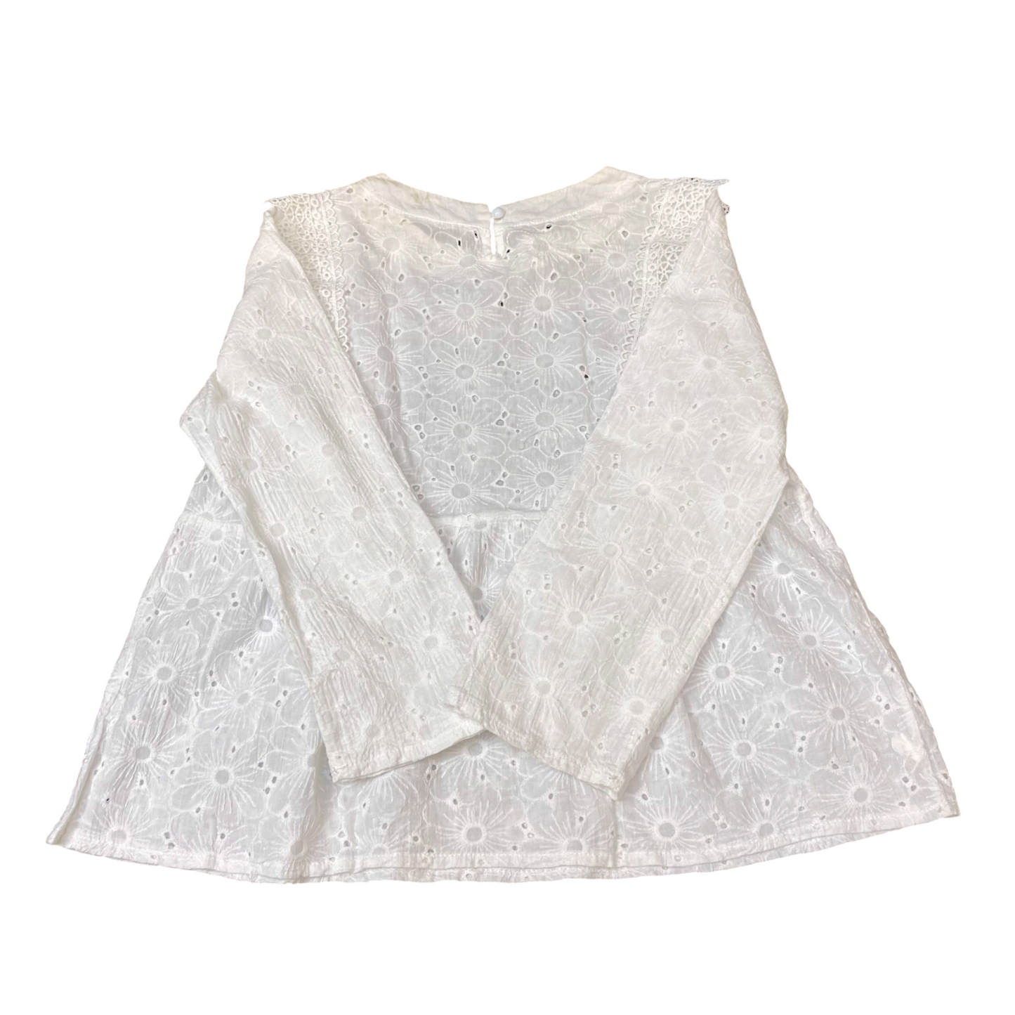 Blouse Top Womens S White Lace Floral Long Sleeve Round Neck Keyhole Back