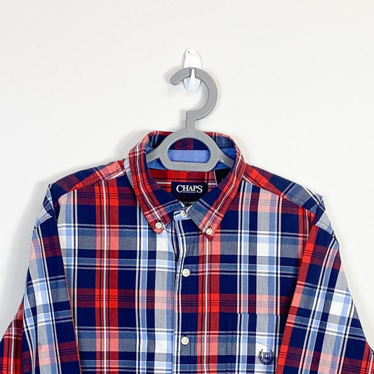 Chaps Shirt Mens Large Red Blue Check Collared Button Down