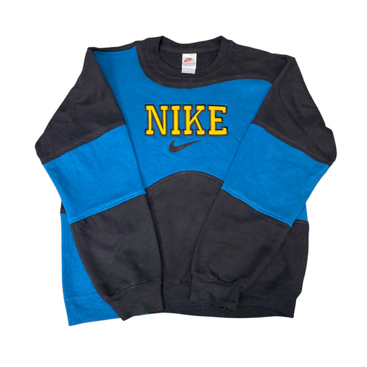 Nike Reworked Sweatshirt Men Medium Black Blue Embroidered Spellout Logo Vtg Y2K
