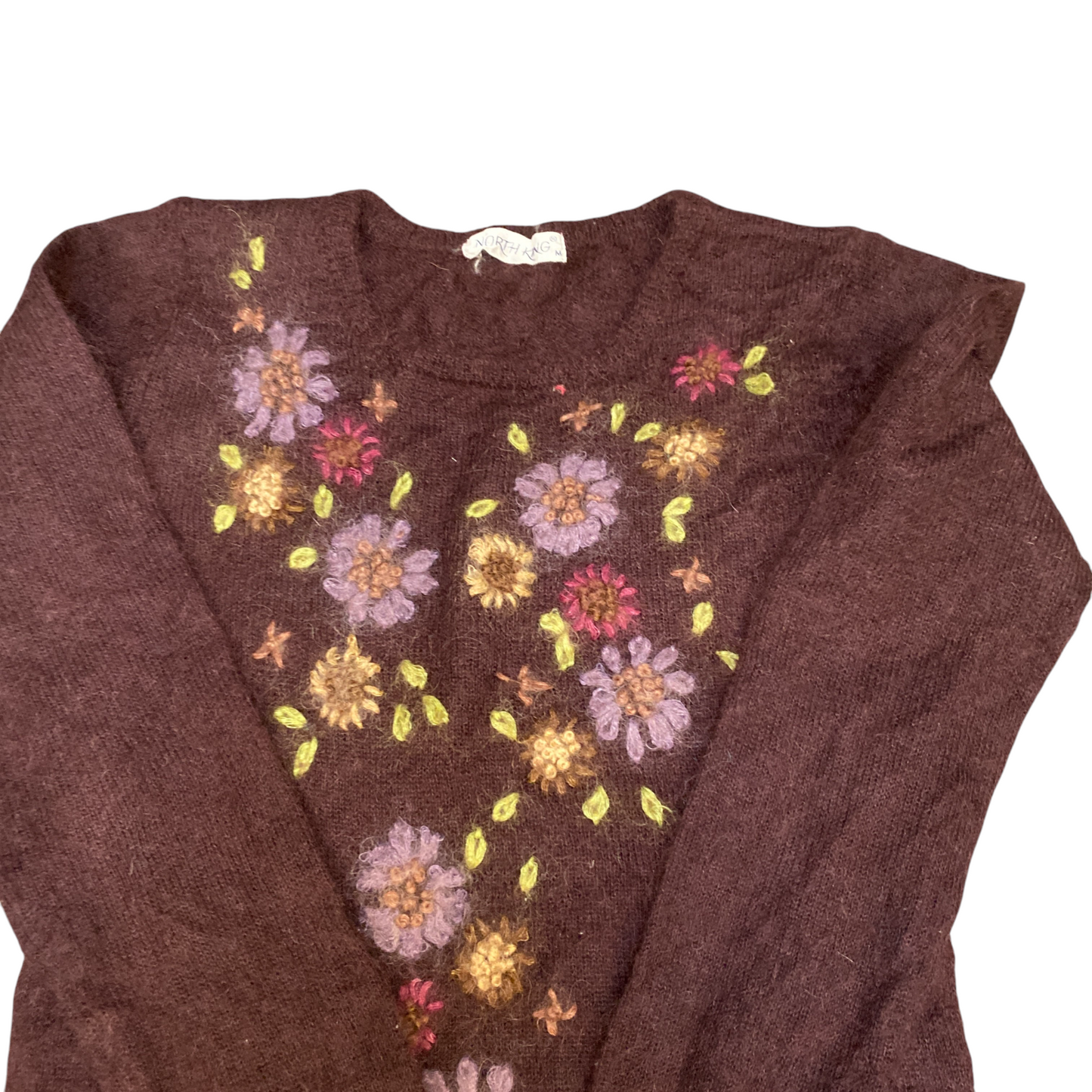 North King Jumper Womens Medium Brown Floral Embroidery Long Sleeve Pullover