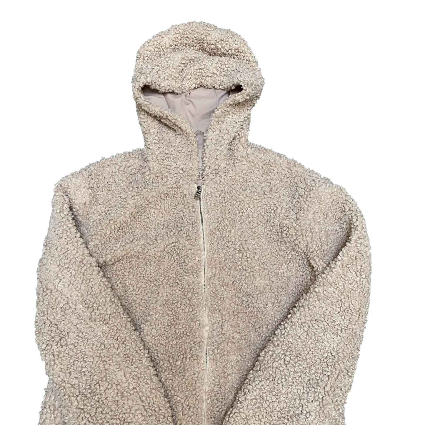 Amisu Teddy Sherpa Coat Womens Medium Beige Stretch Outerwear Hooded Full Zip