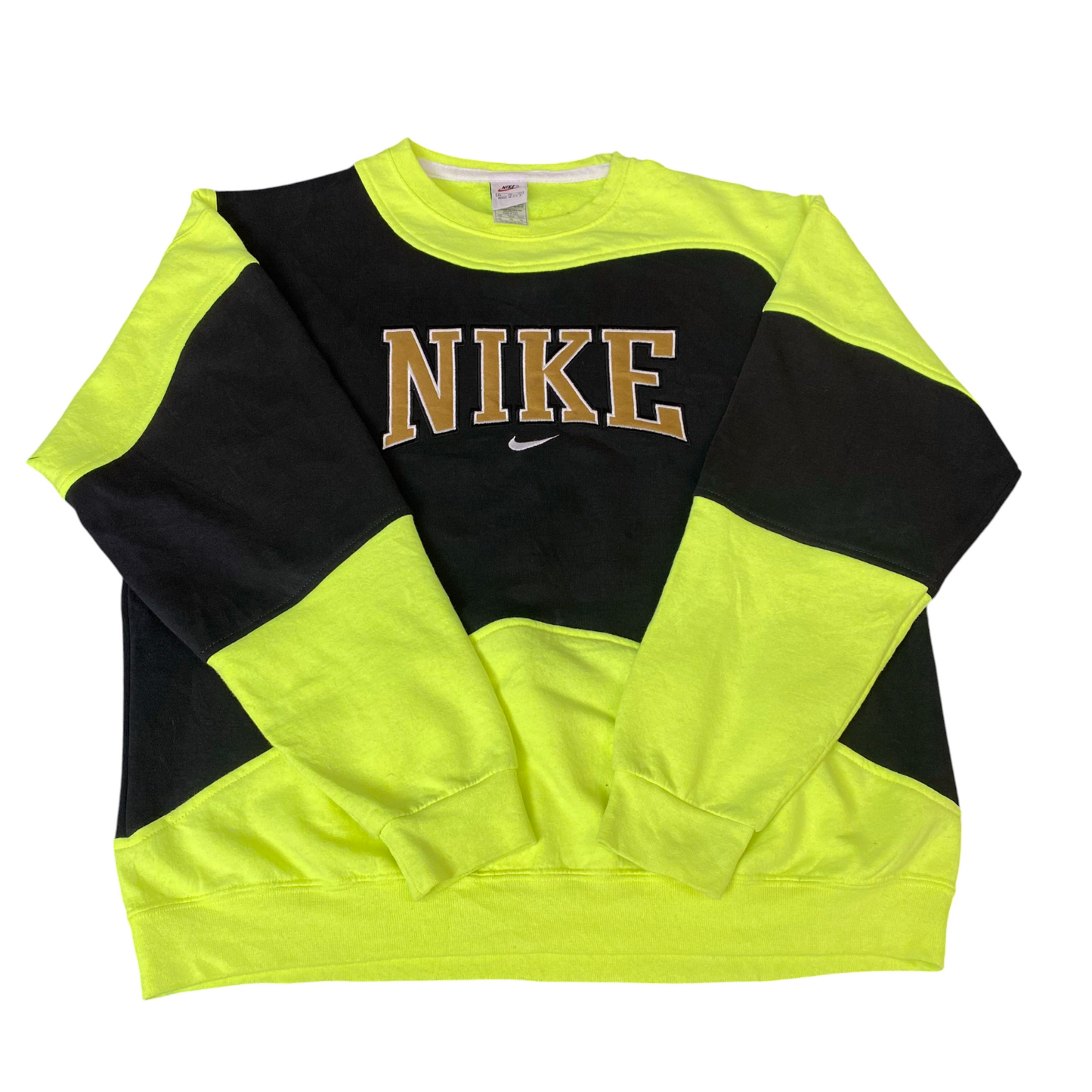 Nike Reworked Sweatshirt Mens XL Black Green Embroidered Spellout Logo Vtg Y2K