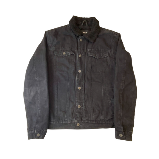 !Solid Trucker Jacket Mens Large Black Denim Sherpa Lined Collared Button Front