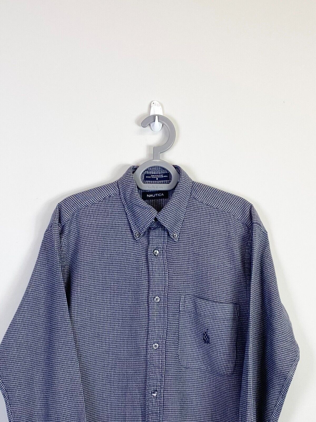 Nautica Shirt Mens Small Grey Houndstooth Long Sleeve Pocket Collar Button Down