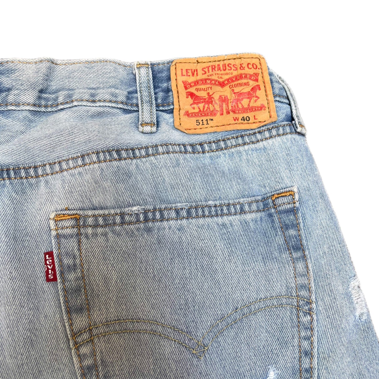 Levi's 511 Jean Shorts Fits as Men XL 37" Waist Blue Denim Light Wash Distressed