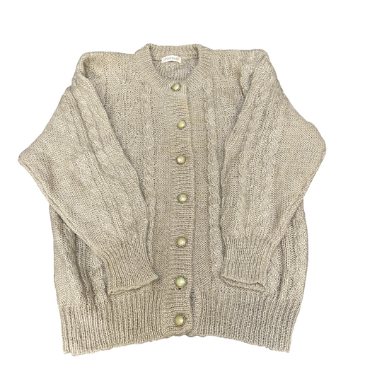 Fine Bar Cardigan Jumper Womens Medium Beige Cable Knit Long Sleeve Button Front