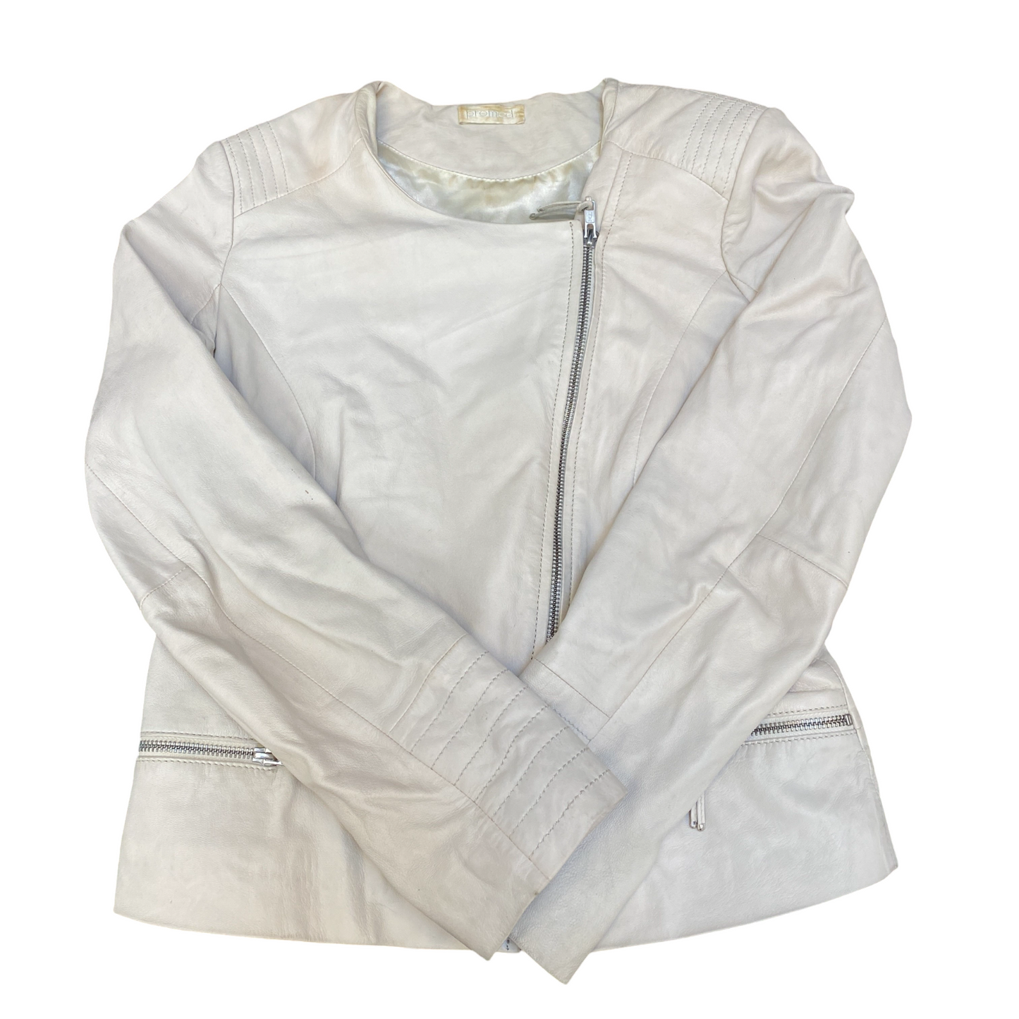 Promod Leather Motorcycle Jacket Women Medium White Long Sleeve Asymmetrical Zip