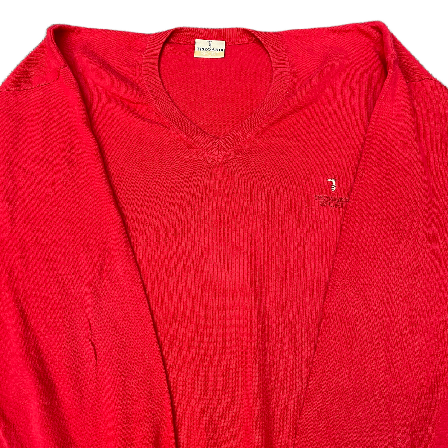 Trussardi Sport Jumper Womens XL Red Knit Embroidered Logo V Neck Pullover