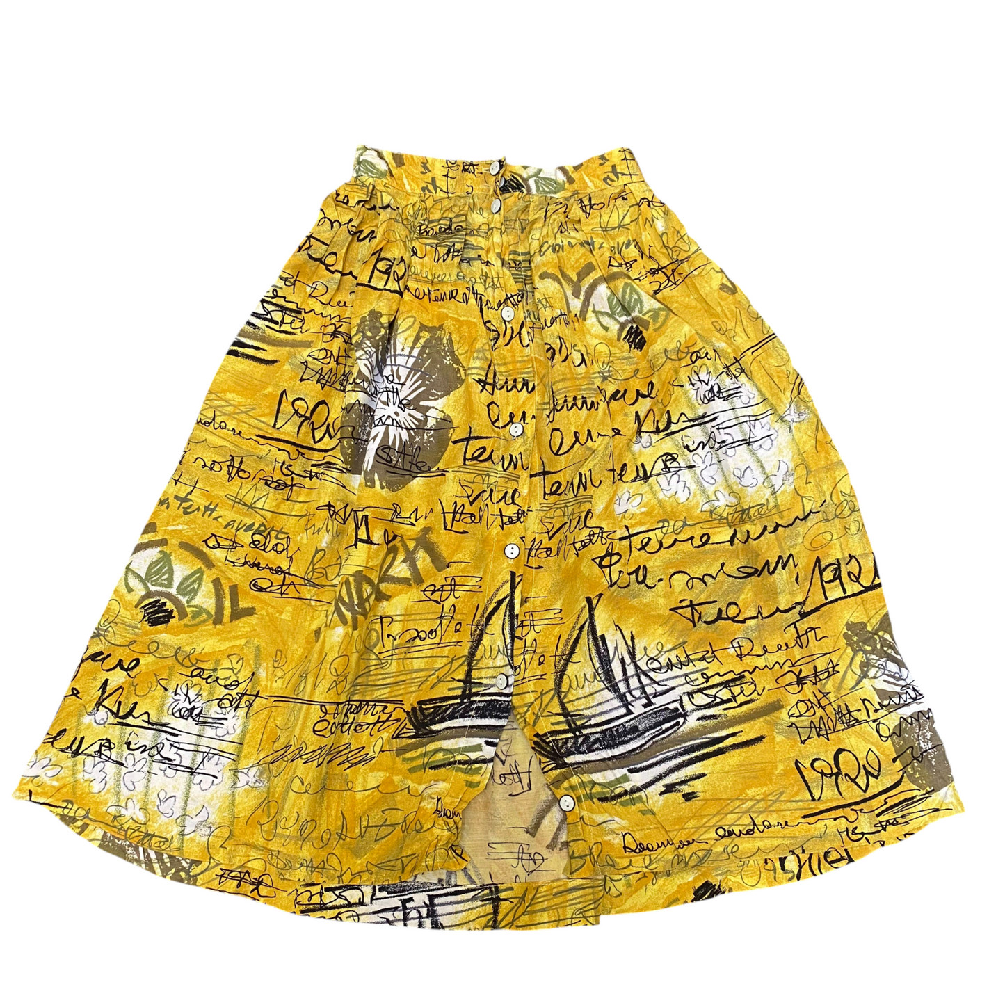 A-Line Skirt Womens S Yellow Geometric Pleated Casual Button Front Outdoor