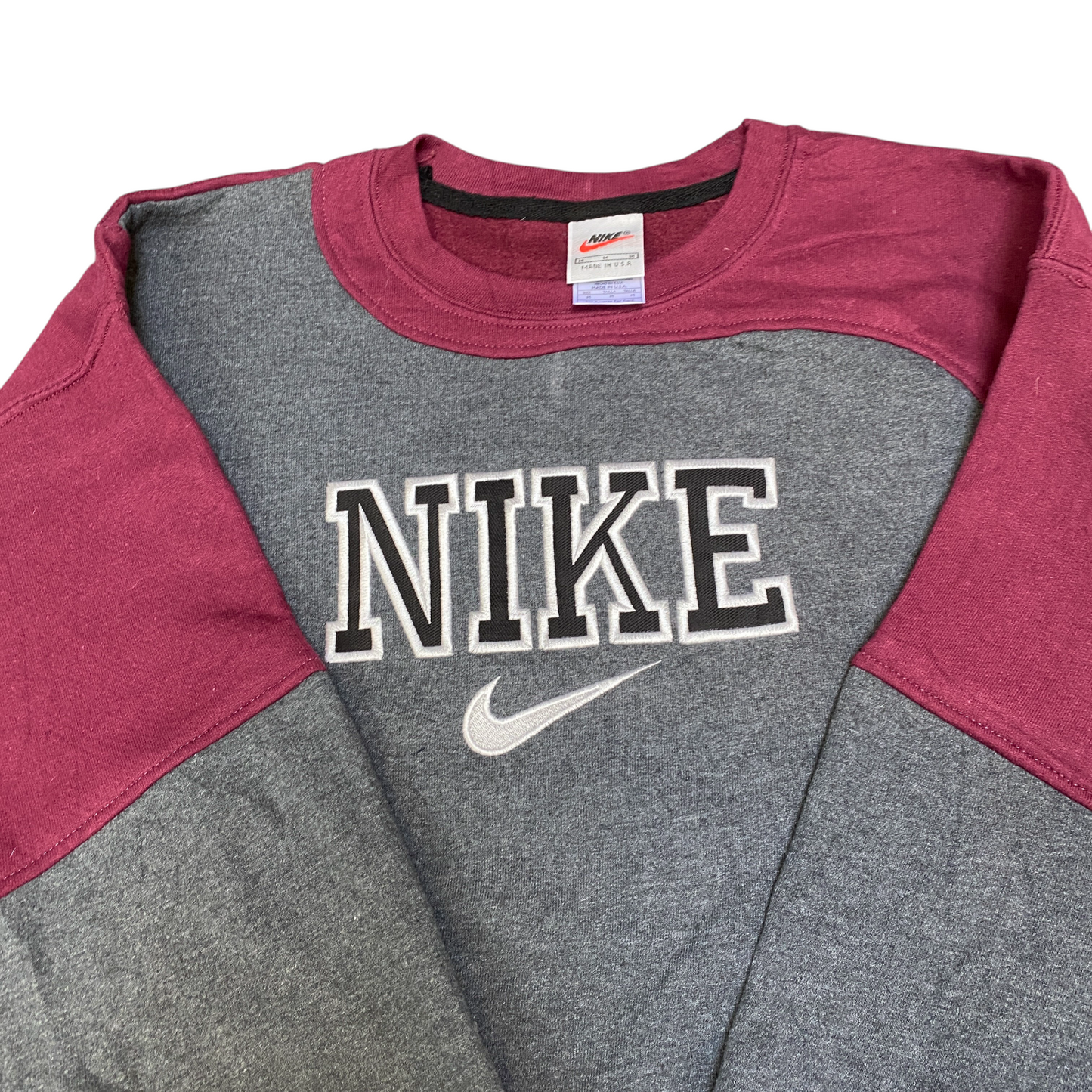 Nike Reworked Sweatshirt Men M Maroon Grey Embroidered Spellout Logo Vintage Y2K