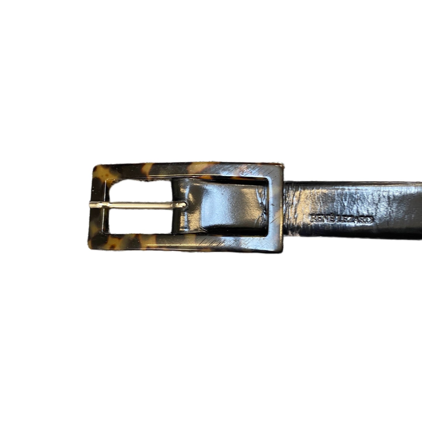 Rene Lezard Waist Belt Mens Black Leather Tortoise Shell Buckle 28.5 Inches