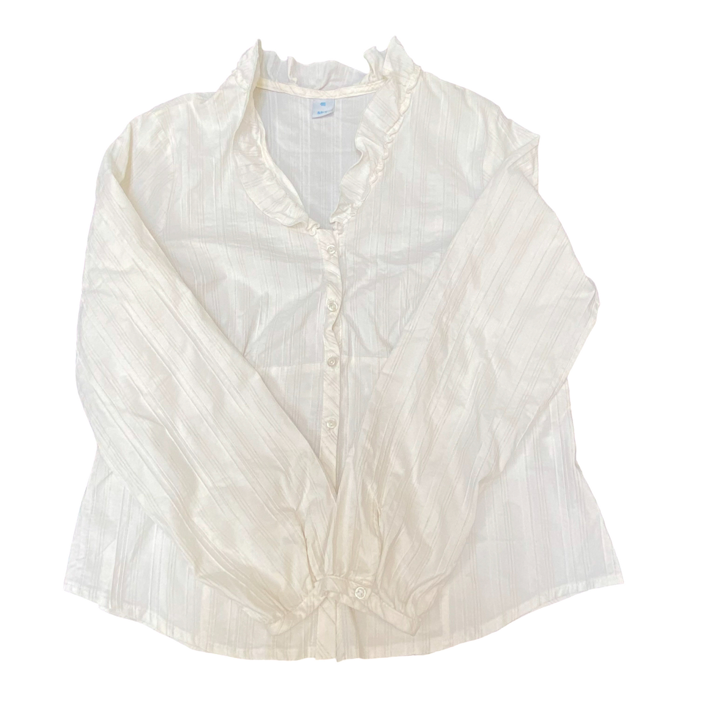 M&S Blouse Top Womens M White Striped Ruffled Trim Long Sleeve Button Front