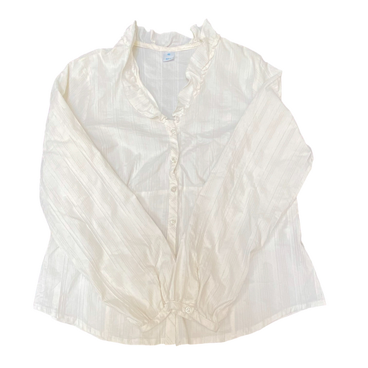 M&S Blouse Top Womens M White Striped Ruffled Trim Long Sleeve Button Front