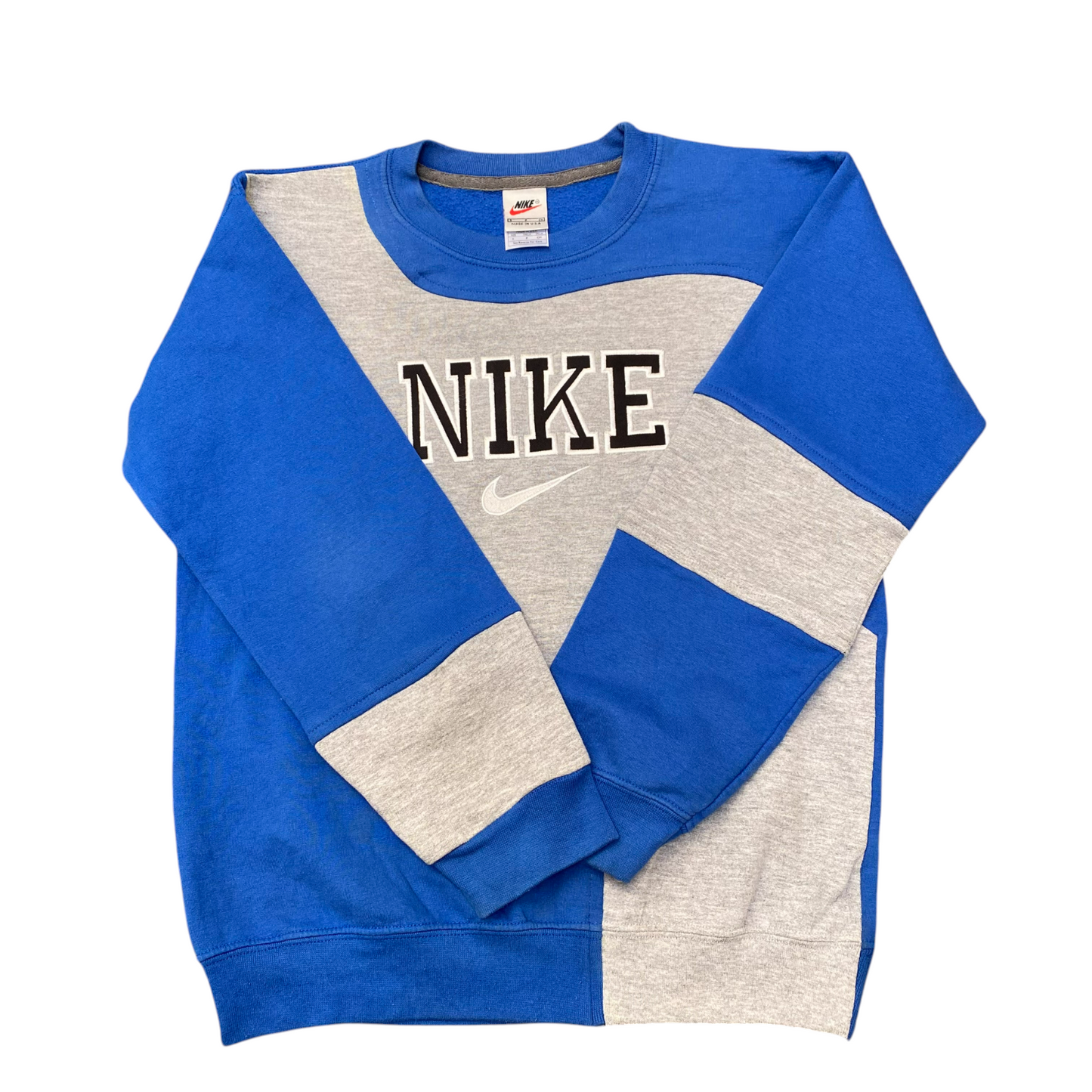 Nike Reworked Sweatshirt Mens Small Blue Grey Embroidered Spellout Logo Vtg Y2K