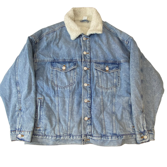 Mens Large Trucker Jacket Blue Denim Sherpa Lined Long Sleeve Button Front
