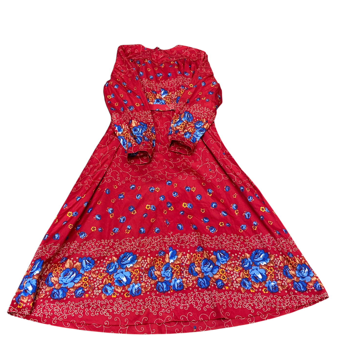 A Line Dress Womens S Red Floral Pleated Belted Long Sleeve Round Neck Back Zip