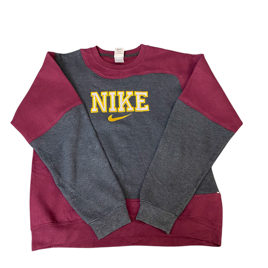 Nike Reworked Sweatshirt Men M Grey Maroon Embroidered Spellout Logo Vintage Y2K