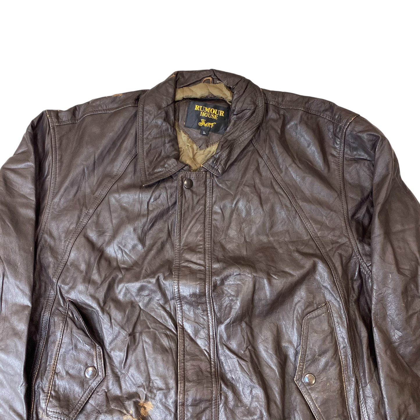 Rumour House Bomber Jacket Mens Large Brown Leather Pockets Snap Inside Zip