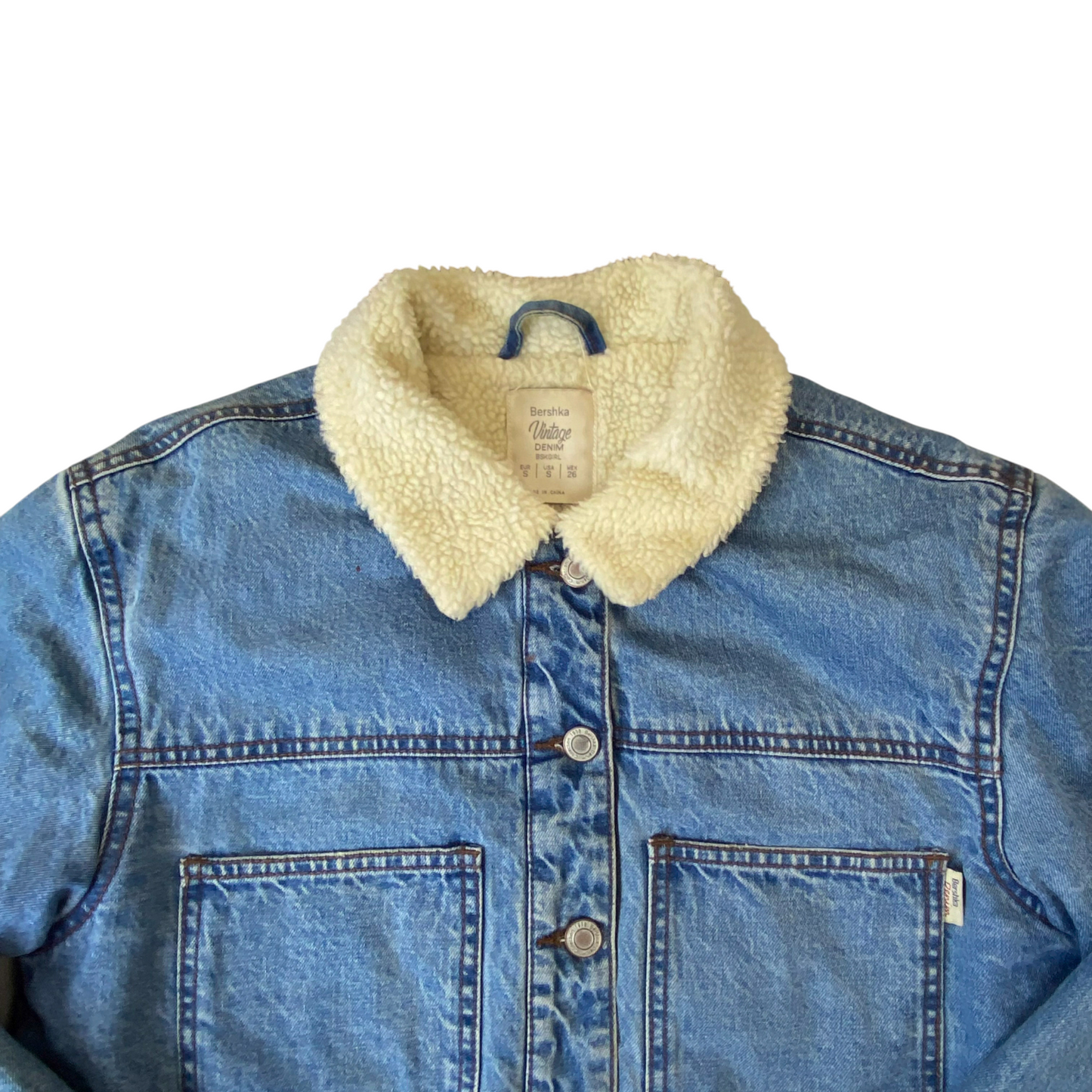 Bershka Vintage Denim Bskgirl Jacket Womens S Blue Sherpa Lined Collar Button Up