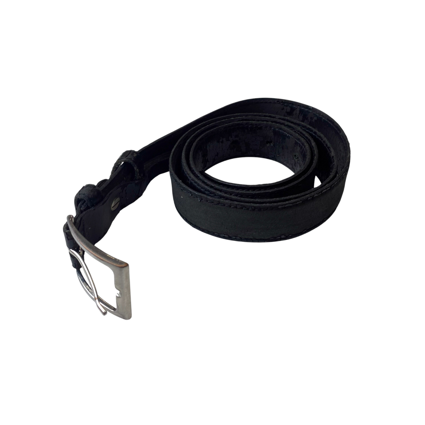 Mens Waist Belt Black Leather Double Keepers Silver Pin Buckle Size 44 in