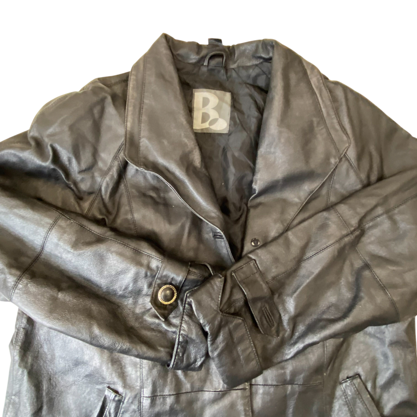 Womens Leather Trench Coat Medium Black Long Sleeve Shawl Lapel Single Breasted