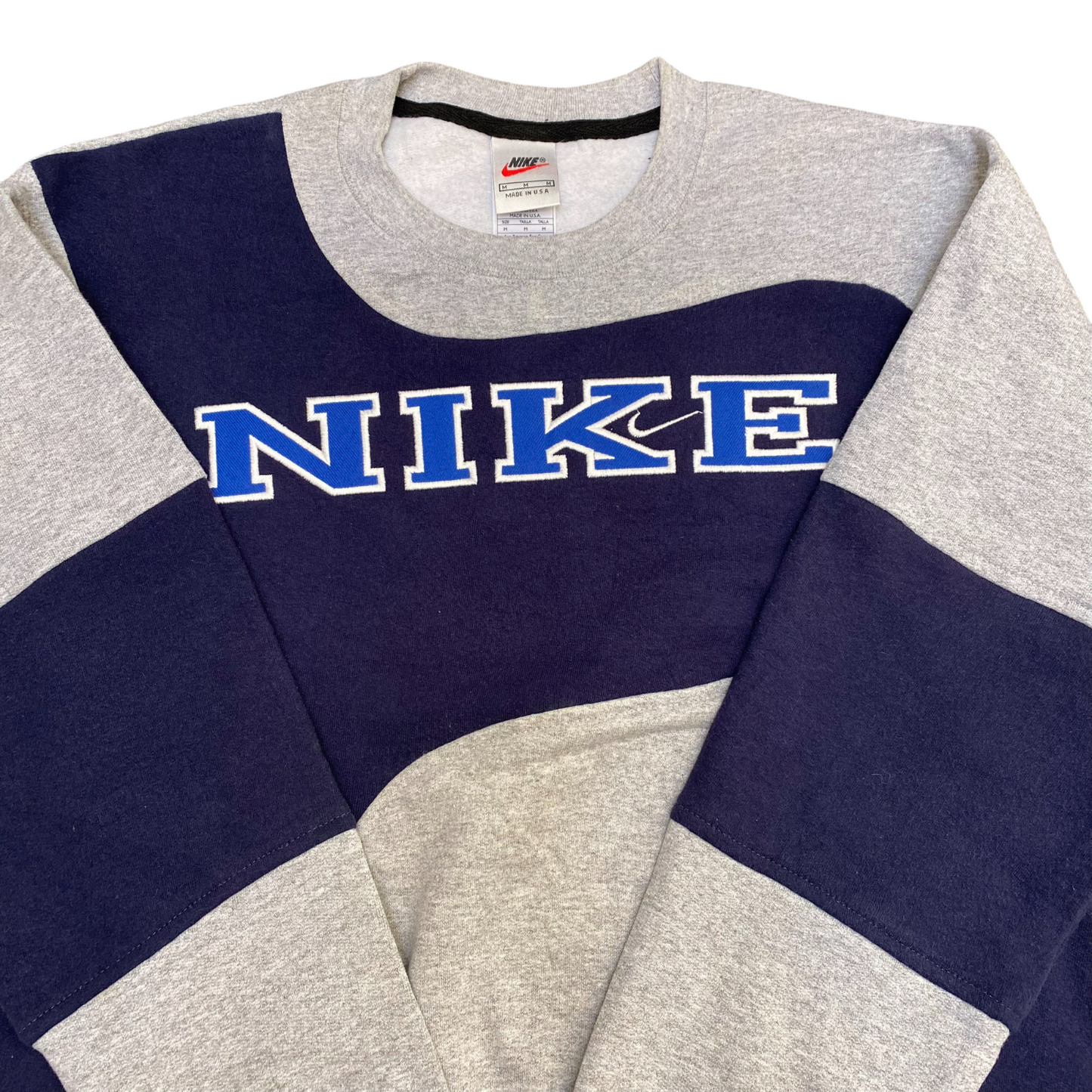 Nike Reworked Sweatshirt Mens M Grey Blue Embroidered Spellout Logo Crew Neck
