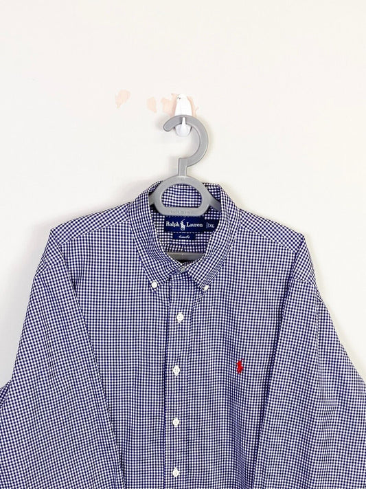 Ralph Lauren Shirt Mens XL Blue Checkered Custom Fit Small Red Polo Pony Logo