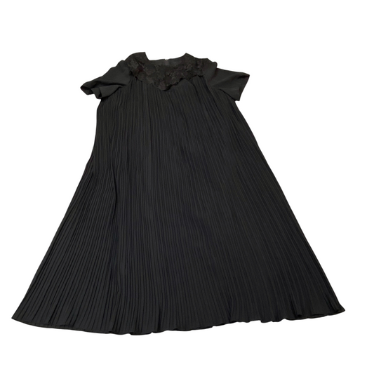 Shift Dress Womens M Black Pleat Midi Casual Short Sleeve Lace Trim Outdoor