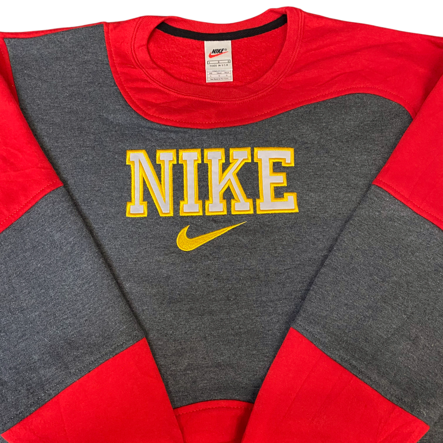 Nike Reworked Sweatshirt Mens Large Red Grey Embroidered Spellout Logo Vtg Y2K