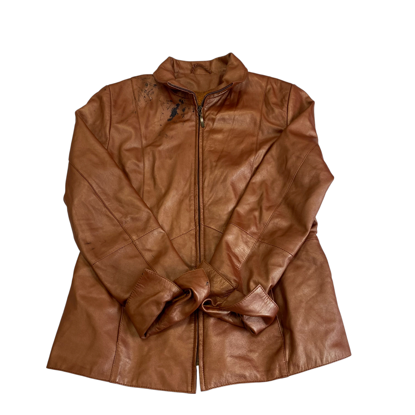 Jacket Womens L Brown Genuine Leather Biker Long Sleeve Full Zipper Outdoor