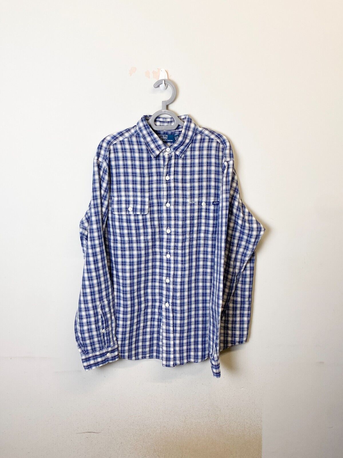 Ralph Lauren Shirt Mens Large Blue Plaid Long Sleeve Small Blue Polo Pony Logo