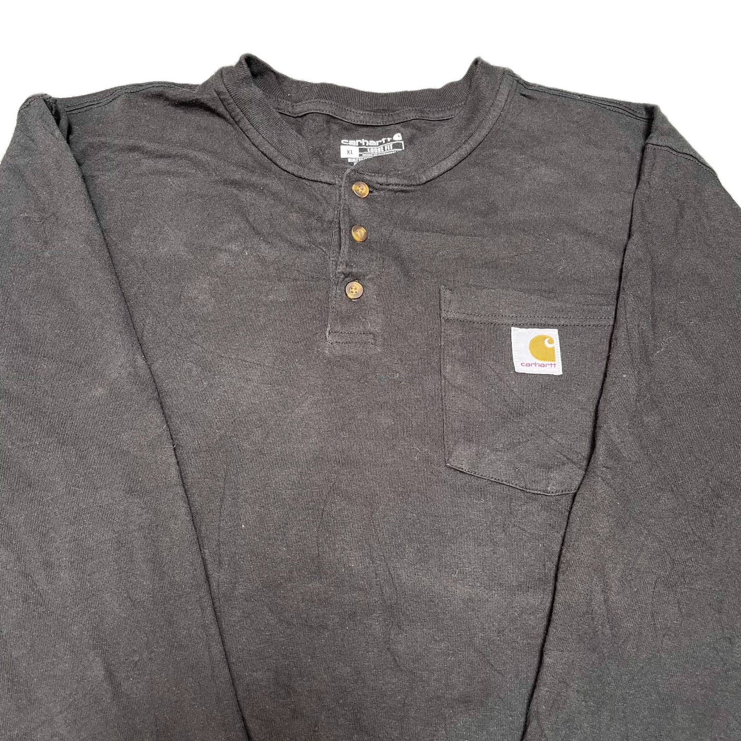 Carhartt Henley Pocket T-Shirt Mens XL Black Loose Fit Long Sleeve Workwear Tee