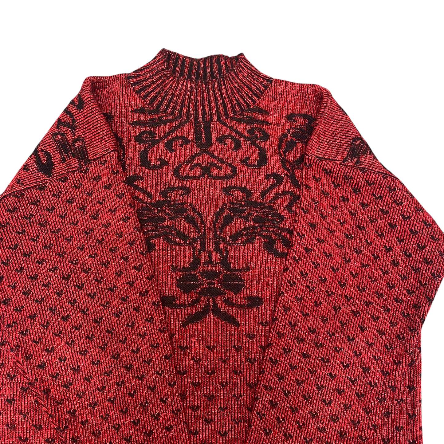 Womens Jumper Large Red Black Floral Knitted Long Sleeve Mock Neck Pullover