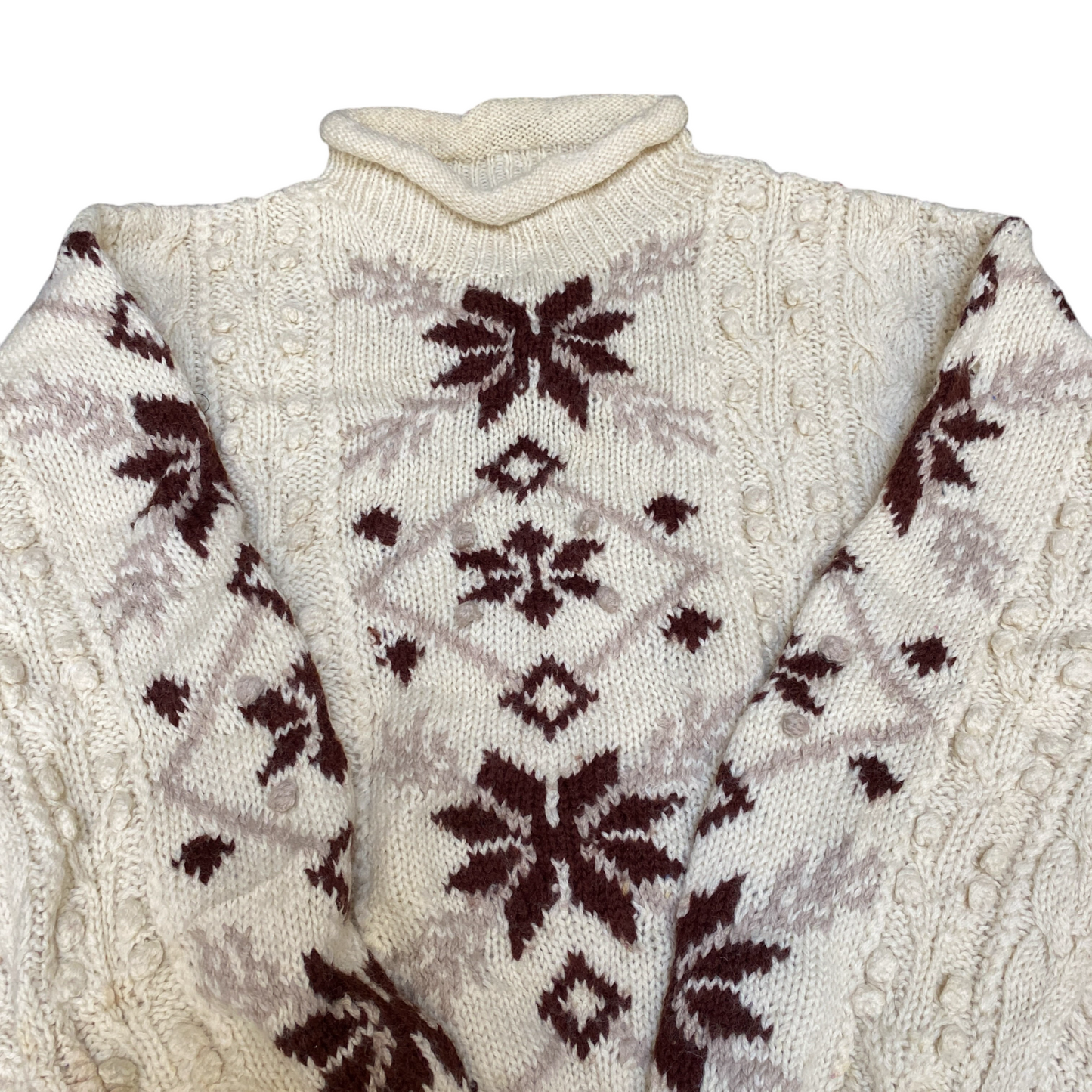 RUBY Jumper Womens Large Cream Cable Knit Nordic Snowflake Long Sleeve Mock Neck