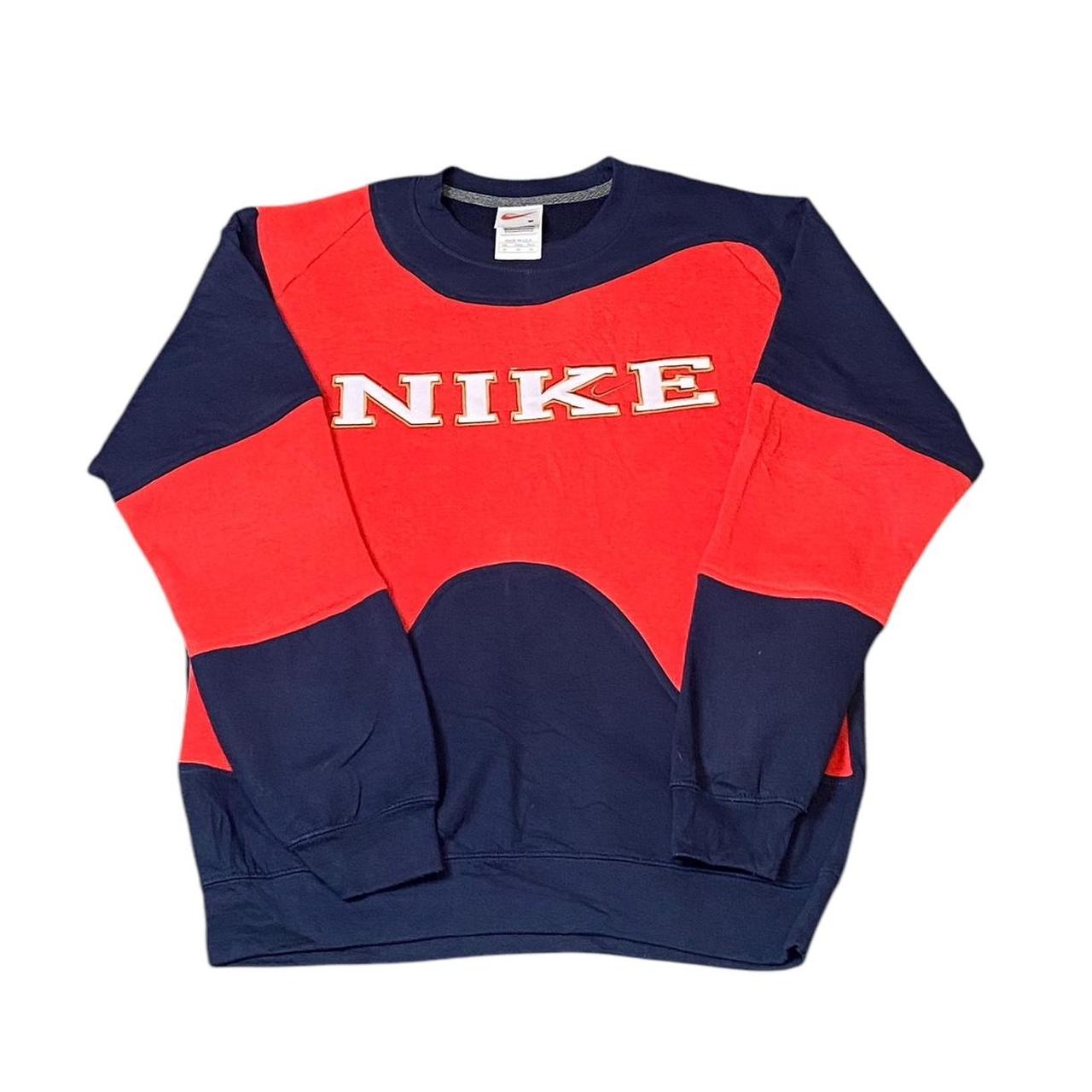 Nike Reworked Sweatshirt Mens Medium Red Navy Spellout Logo Crew Neck Vtg Y2K