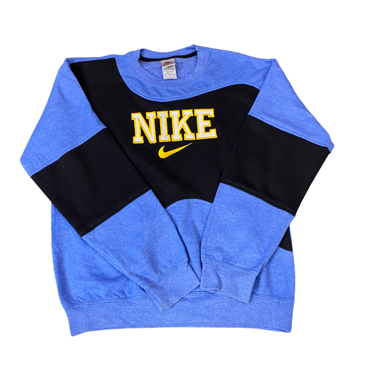 Nike Reworked Sweatshirt Mens M Blue Black Embroidered Spellout Logo Vintage Y2K