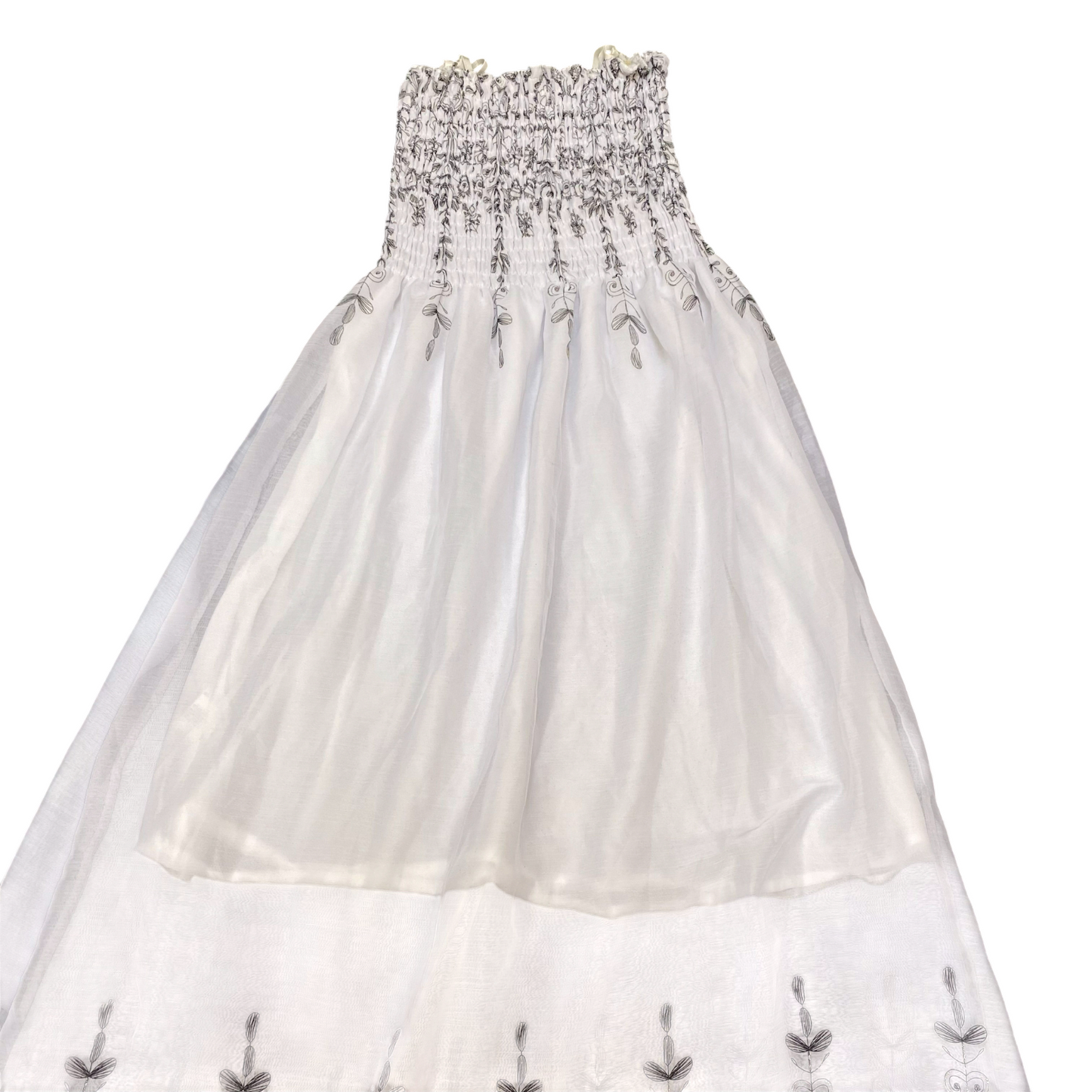 Womens Long Maxi Dress S White Floral Lined Beaded Sheer Smocked Spaghetti Strap