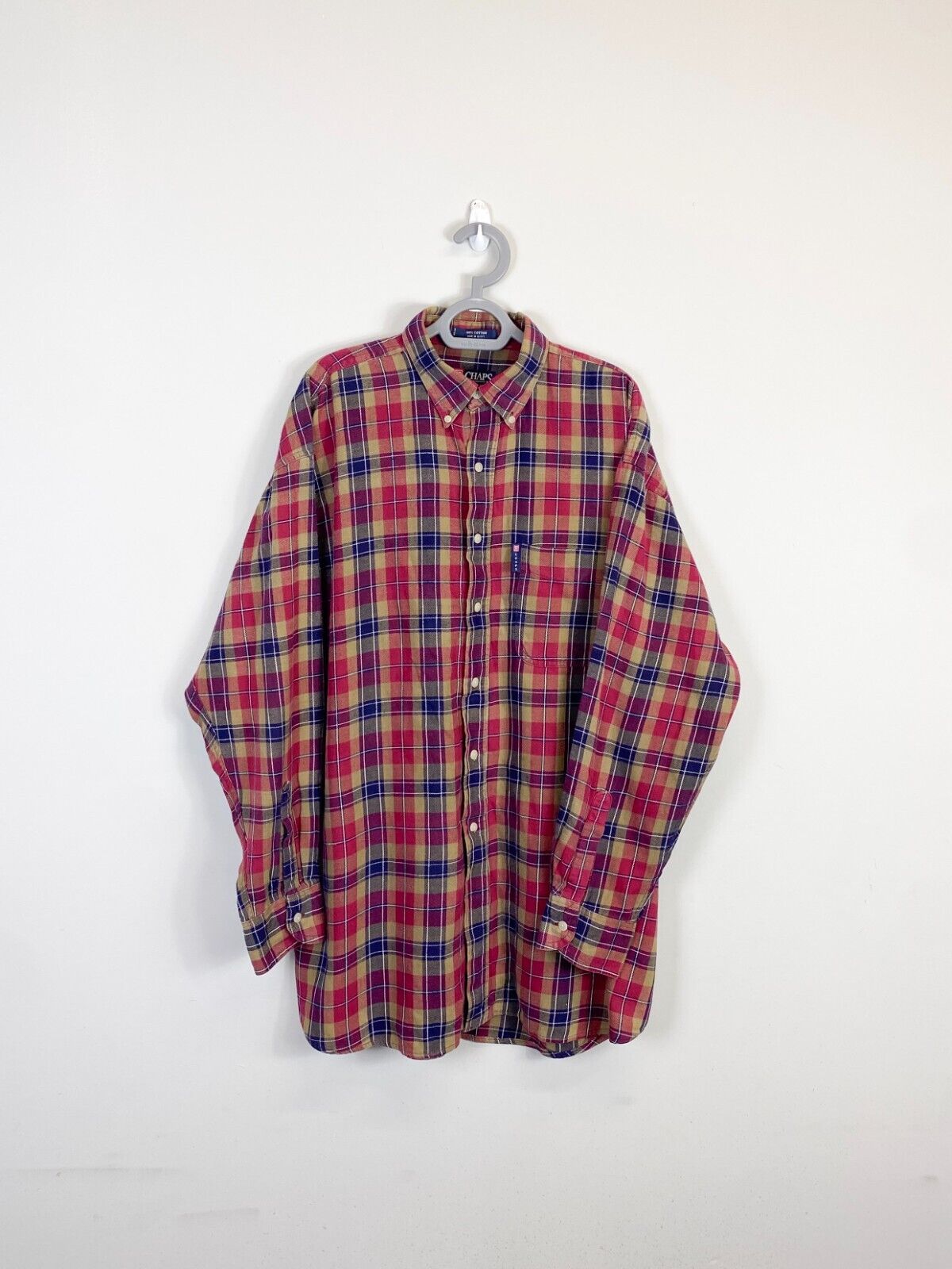 Chaps Shirt Mens Large Red Plaid Cotton Logo Tag Long Sleeve Casual Button Down