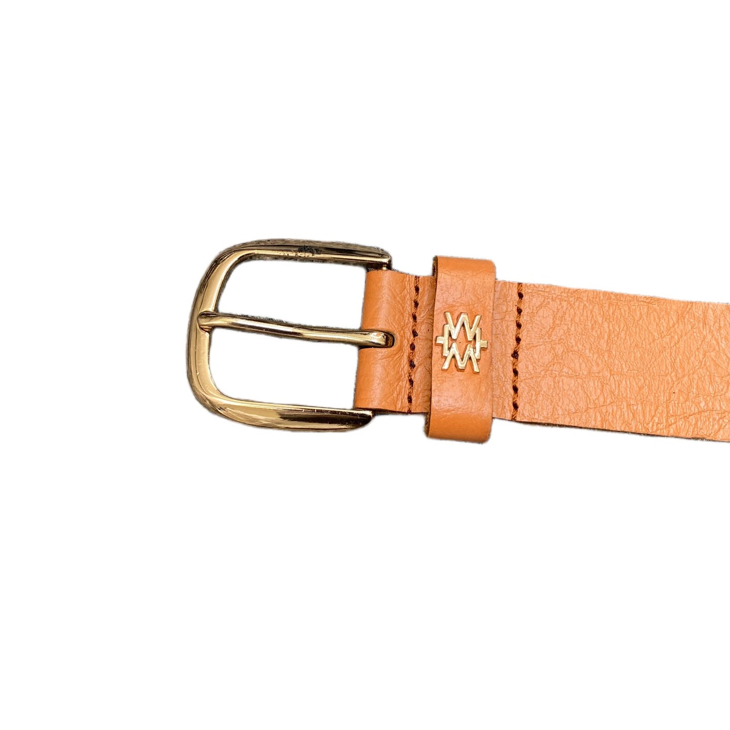 Waist Belt Men Brown Leather MW Logo Adjustable Gold Tone Pin Buckle 32.5 Inches
