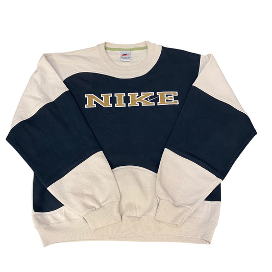 Nike Reworked Sweatshirt Men Large Beige Black Embroidered Spellout Logo Vtg Y2K
