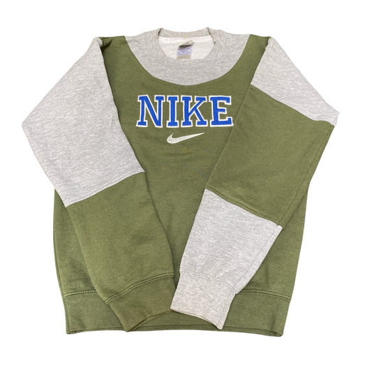 Nike Reworked Sweatshirt Mens Small Grey Green Embroidered Spellout Logo Vtg Y2K