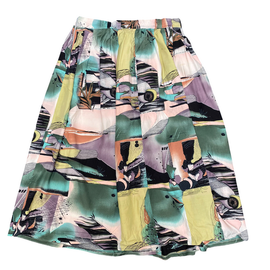A-Line Skirt Womens L Multi Abstract Print Patchwork Pleated Outdoor Side Zip